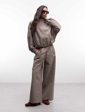 Pantalon de jogging d'ensemble ample à enfiler en nylon à petits carreaux - Beige-Neutral M