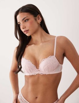 Sexy Lace - Gepolsterter, tief ausgeschnittener BH in Blassrosa Rosa 34DD