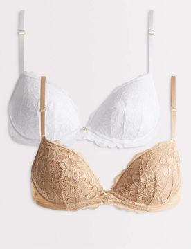 Sexy Lace - Lot de 2 soutiens-gorge pigeonnants à bonnets - Blanc et beige 32F