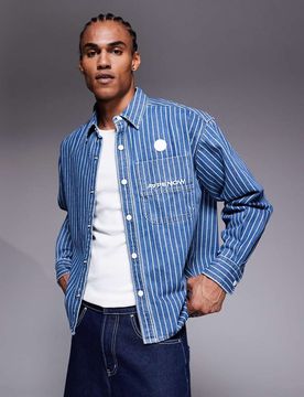 AAPE by A BATHING APE - AAPE Now - Langärmliges Jeanshemd in Blau und Weiß gestreift-Bunt Bunt L