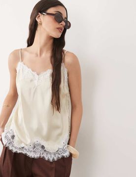 Caraco en satin avec détails en dentelle - Crème-Blanc M