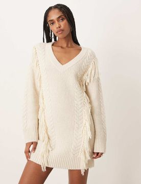 Kurzes Pulloverkleid in Creme mit Fransen-Weiß Weiß XS