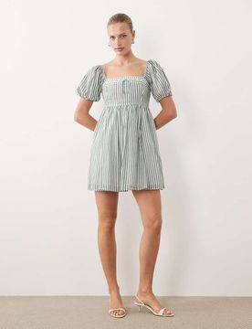 Mini-Babydoll-Kleid mit Puffärmeln und grünen Streifen Grün M