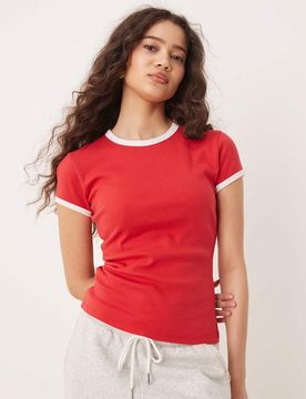 T-shirt ajusté en tissu côtelé - Rouge-Bleu M
