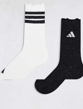 Adidas Training - Lot de 2 paires de chaussettes à volants - Blanc et noir scintillant L