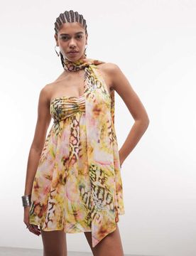 Whyte - Robe bandeau courte à imprimé avec foulard amovible - Rose multicolore XS