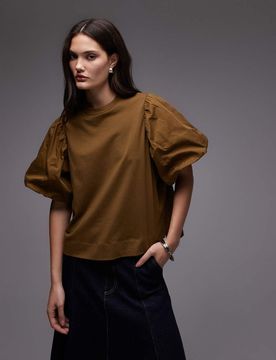 T-shirt à manches bouffantes - Marron-Vert 30-32