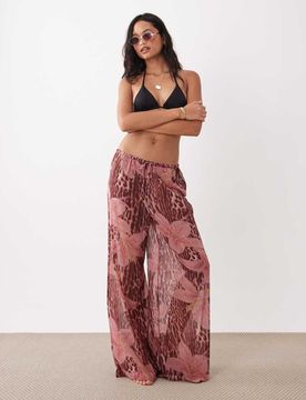 Transparente Strandhose mit Leoparden-Blumenmuster-Brown Brown 40-42
