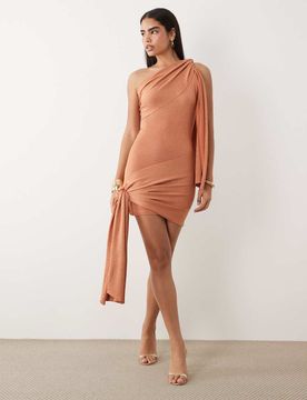 Robe courte et asymétrique en maille scintillante avec détail drapé sur l'épaule - Orange 38