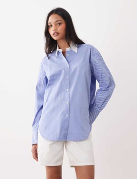 Chemise en coton à rayures et poignets contrastants - Bleu/blanc 44