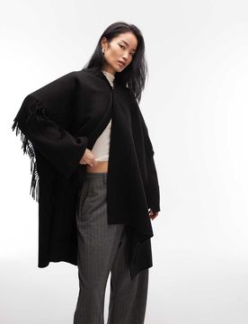 Doppellagige Longline-Jacke mit hohem Wollanteil in Schwarz mit abnehmbarem Schal Schwarz M