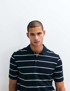 Kurzärmliges Polohemd aus reiner Baumwolle in Marineblau gestreift-Navy Navy XS