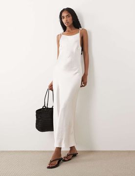 Robe nuisette mi-longue en satin à bretelles nouées - Rose 38