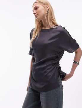 T-shirt long satiné à taille froncée - Gris foncé 36