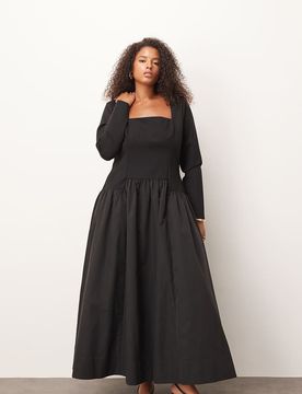 Curve - Robe longue hybride à encolure carrée et jupe ample - Noir 54