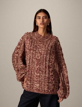 Pull en maille torsadée à col montant et manches volumineuses - Rouge et crème XS