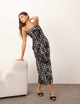 Robe caraco droite mi-longue avec ornement effet miroir - Noir 32