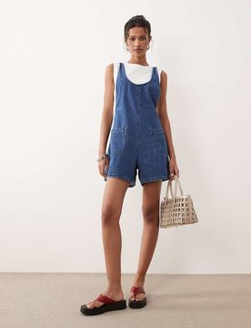 Combishort en jean à encolure dégagée et dos croisé - Bleu moyen foncé 32