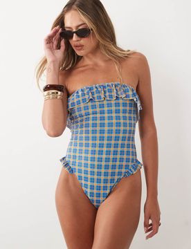 Charlie - Maillot 1 pièce volanté coupe bandeau à carreaux-Bleu 44