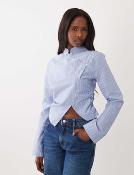 Chemise cintrée à col Mao et rayures - Bleu-Multicolore 36