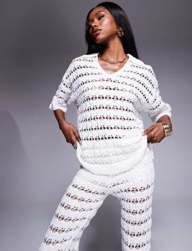 Chemise d'ensemble en maille ajourée avec col - Blanc M