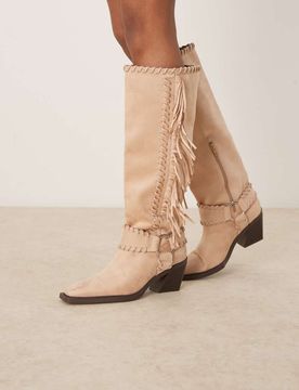 Cristina - Bottes hauteur genou à franges style western - Beige-Blonde 38