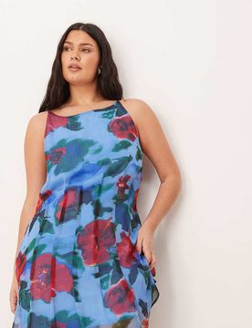ASOS DESIGN Curve - Godet-Minikleid in Blau mit U-Boot-Ausschnitt, Ziernähten und Blumenmuster-Bunt Bunt 48
