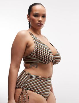 ASOS DESIGN Curve - Dori - Bas de bikini taille haute froncé à rayures coucher de soleil-Orange 46