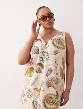 ASOS DESIGN Curve - Mini-Hängerkleid aus Baumwoll-Leinen mit Muschelmuster und V-Ausschnitt-Bunt Bunt 48