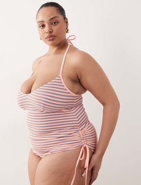 ASOS DESIGN Curve - Sally - Bas de bikini taille haute avec rayures texturées et fronces latérales-rose 56