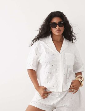 ASOS DESIGN Curve - Short en jersey et broderie anglaise - Blanc 3XL