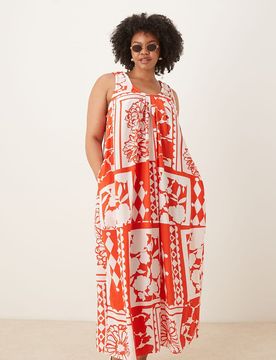 ASOS DESIGN Curve - Robe d'été longue à imprimé patchwork avec encolure dégagée froncée - Rouge-Multicolore 54