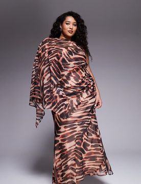 ASOS DESIGN Curve - Robe longue avec superposition style manche et jupe drapée - Animal-Multicolore 52