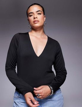 ASOS DESIGN Curve - Top à manches longues en tissu double épaisseur avec décolleté plongant en V - Noir XL
