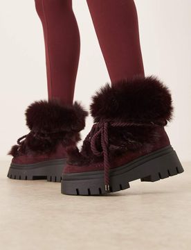 Acclaim - Après-ski à lacets en imitation peau de mouton - Bordeaux-Rouge 38