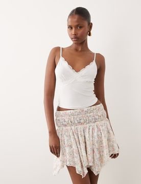 Asymmetrischer Minirock mit rosa Blumenmuster und Spitzenlage-Mehrfarbig Mehrfarbig 36