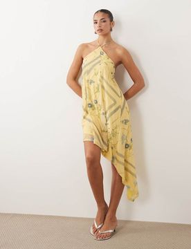 Asymmetrisches Minikleid aus Stretch-Chiffon in Zitronengelb mit Blumenmuster und Godet-Details Gelb XS