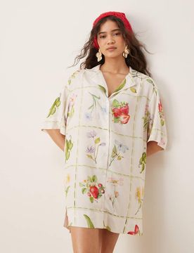 Bowling-Hemdkleid mit Postkarten-Print-Bunt Bunt 32