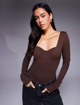 Body manches longues en polyamide compact à bonnets préformés - Chocolat-Brown L