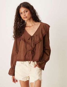 Blouse volantée style bohème en coton avec liens noués à l'avant - Chocolat-Marron 40