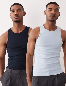 Gerippte Basic-Muskelshirts in Blau und Marineblau, 2er-Pack-Bunt Bunt XS