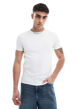 Geripptes Basic-T-Shirt in Weiß mit körperbetontem Schnitt Weiß 3XL