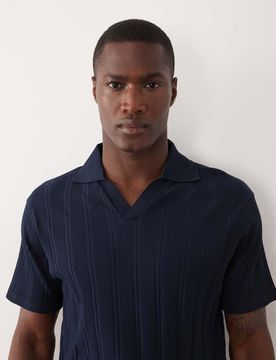 Geripptes Slim-Fit-Hemd in Marineblau mit eingekerbtem Polo-Ausschnitt-Navy Navy L