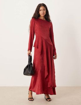 Gestuftes Maxikleid in tiefem Kirschrot mit Rüschen Rot 36
