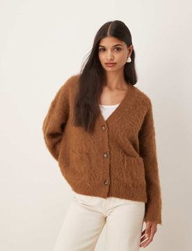 Gilet coupe carrée en maille brossée avec poche - Caramel-Rouge L