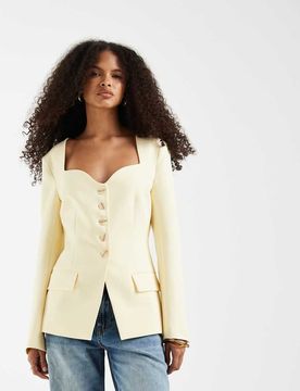 Gilet de tailleur boutonné ajusté aspect lin - Chocolat-Jaune 42