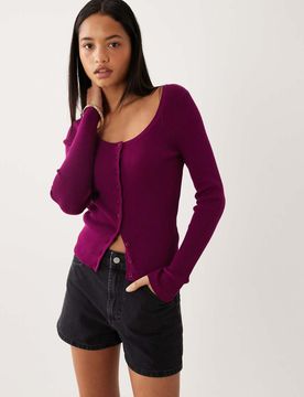 Gilet en coton mélangé avec large encolure dégagée - Prune-Violet S
