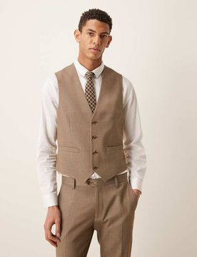 Eng geschnittene Anzugweste in Beige mit Fischgrätmuster und Wolloptik-Neutral Neutral 54 Regular