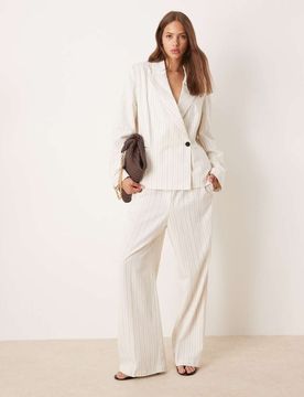 Elegante, schmal zulaufende Leinenhose mit Elastischem Bund und Streifen-Weiß Weiß S