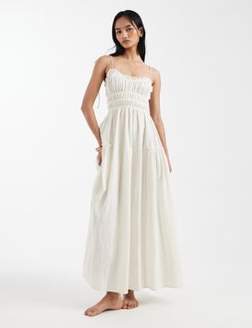Faith - Robe d'été longue froncée de plage - Crème-Neutre 42